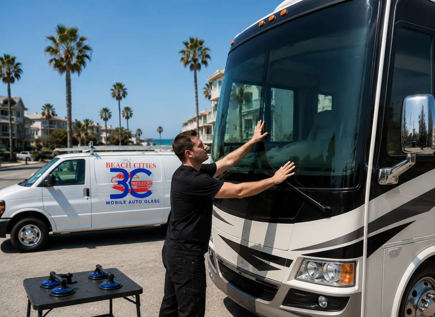 RV windshield repair and replacement service by Beach Cities Mobile Auto Glass technician